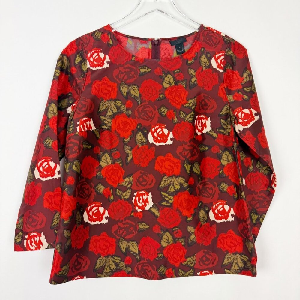 J. Crew Collection 100% Silk Top Women's Size 4 Red Olive Rose Floral Print